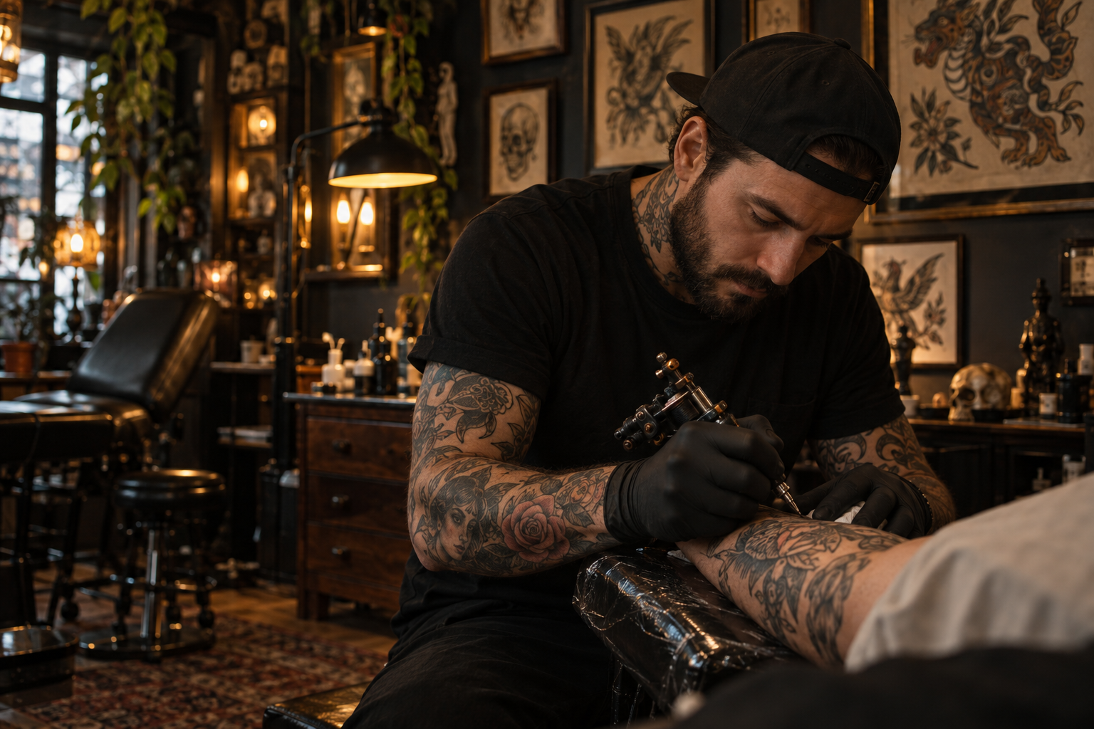 Artiste tatoueur dans un atelier à la lumière ambrée — illustration générée